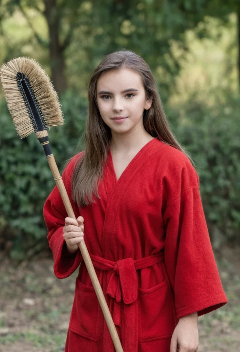 MathildaMaySDXL, 20 years old, (tmasterpiece1.4), (best quality: 1.4), (high resolution 1.4), girl, red robe, black bow, holding a broom, look at your broom. The story begins in a high school where a group of students gather and discuss the importance of morality.