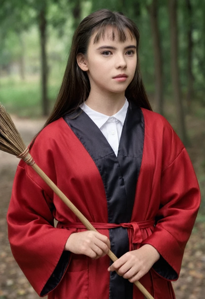 MathildaMaySDXL, 20 years old, (tmasterpiece1.4), (best quality: 1.4), (high resolution 1.4), girl, red robe, black bow, holding a broom, look at your broom. The story begins in a high school where a group of students gather and discuss the importance of morality.