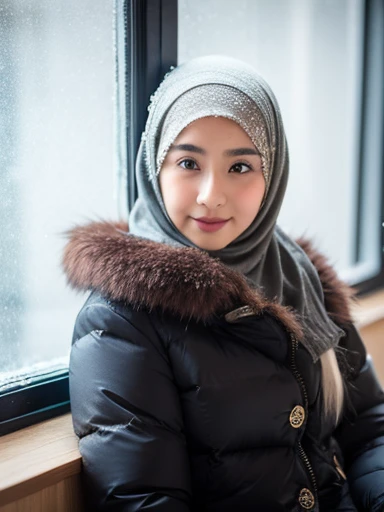 muslim girl, hijab, fur puffer winter coat with hood, bedroom, snowy window background