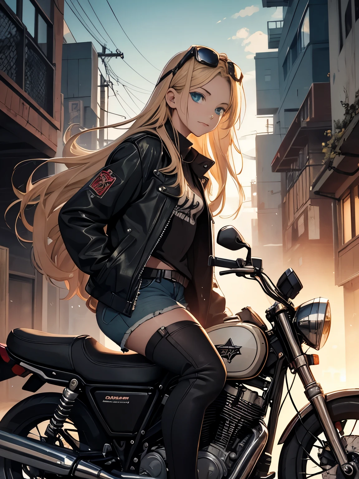 masterpiece, best quality,1girl,(watercolor painting):1.2,pencil sketch,BREAK,18 years old, (jitome), delicious flat chest, (cyan eyes):1.2, long hair, strait hair,blond hair,empty_eyes,BREAK(red_rune_forehead_tattoo):1.8,(put pilot goggles on head),BREAKdark green long-sleeved shirt,black denim shorts, fingerless gloves, Leather boots,Hip Hop, Punk Look, Chain, darkbrown leather jacket,Expressionless,small smile,BREAKA photorealistic image of a young girl, Eliana, about 18 years old, riding her vintage 1970s-style black motorcycle through the ruins of an abandoned city at dusk. The scene captures her in a cowboy shot, riding intently through the decaying urban landscape. The ruins are filled with crumbled buildings, overgrown vegetation, and scattered debris, providing a stark contrast to the magical glow emanating from her motorcycle. Eliana is in side profile, focused on her path, her long blonde hair flowing behind her. The background conveys a sense of desolation and mystery, enhancing the post-apocalyptic fantasy setting.BREAKmasterpiece, best quality, ultra detailed, highres,4k,(ultra-detailed:1.4), newest,BREAKduch angle,cowboy shot,