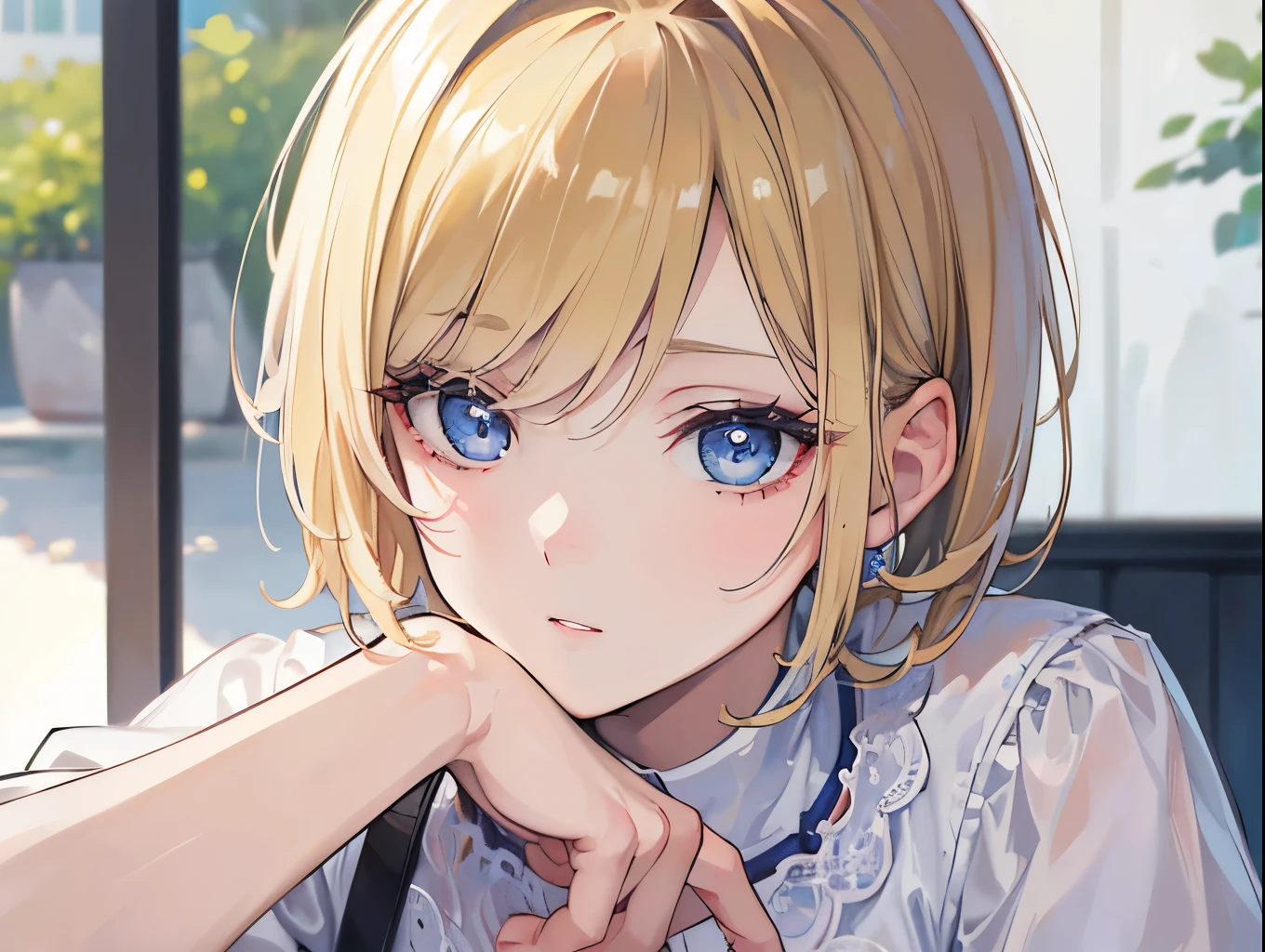 (Masterpiece: 1.2, best quality), realistic, (realistic Picture, complicated details, depth of field), best quality, Masterpiece, Highly detailed, Semi realistic, 1 woman, mature woman, 21 years old, short blonde hair, The left eye is covered with hair., blue eyes, king's clothes, red coat, Slim shape, The crown is made of precious gold., Reading and marking documents, goose feather pen, work desk, soft bench