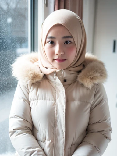 muslim girl, hijab, fur puffer winter coat with hood, bedroom, snowy window background