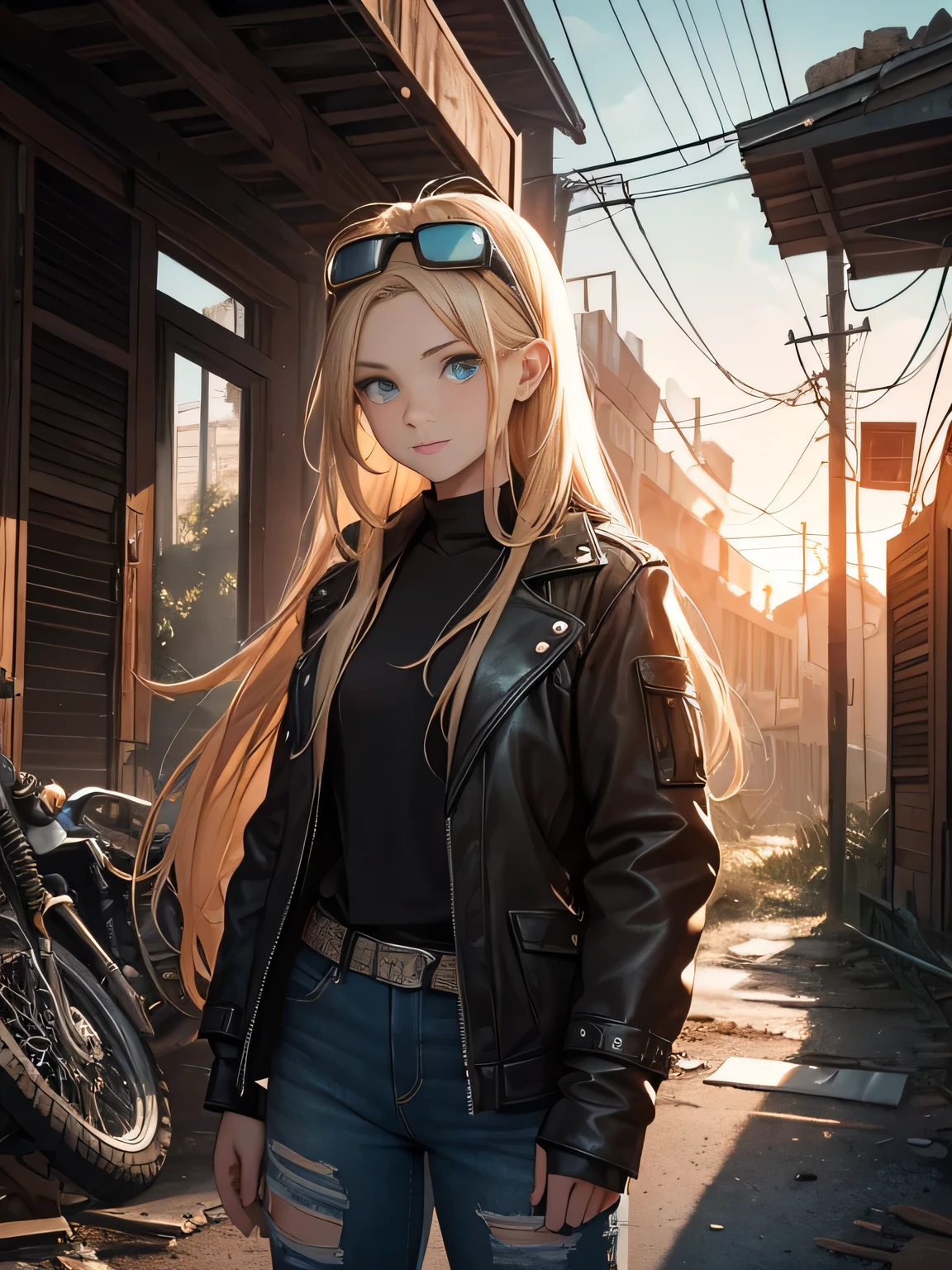 masterpiece, best quality,1girl,(watercolor painting):1.2,pencil sketch,BREAK,18 years old, (jitome), delicious flat chest, (cyan eyes):1.2, long hair, strait hair,blond hair,empty_eyes,BREAK(red_rune_forehead_tattoo):1.8,(put pilot goggles on head),BREAKdark green long-sleeved shirt,black denim shorts, fingerless gloves, Leather boots,Hip Hop, Punk Look, Chain, darkbrown leather jacket,Expressionless,small smile,BREAKA photorealistic image of a young girl, Eliana, about 18 years old, riding her vintage 1970s-style black motorcycle through the ruins of an abandoned city at dusk. The scene captures her in a cowboy shot, riding intently through the decaying urban landscape. The ruins are filled with crumbled buildings, overgrown vegetation, and scattered debris, providing a stark contrast to the magical glow emanating from her motorcycle. Eliana is in side profile, focused on her path, her long blonde hair flowing behind her. The background conveys a sense of desolation and mystery, enhancing the post-apocalyptic fantasy setting.BREAKmasterpiece, best quality, ultra detailed, highres,4k,(ultra-detailed:1.4), newest,BREAKduch angle,cowboy shot,