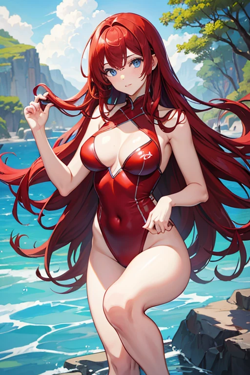 masterpiece, highest quality, High resolution，Anime Style、Red hair、Long Hair、blue eyes、Swimwear