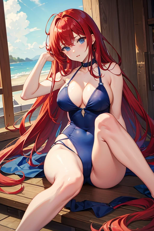 masterpiece, highest quality, High resolution，Anime Style、Red hair、Long Hair、blue eyes、Swimwear