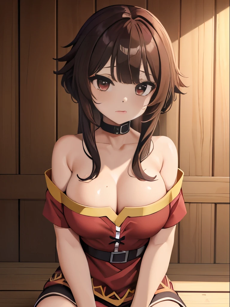 ((4k, obra-prima, best quality)), 1girl (Megumin), Cabelos castanhos claros, cabelos curtos, olhos vermelhos, mediuml breasts, fofo, corar, roupa de banho, summer