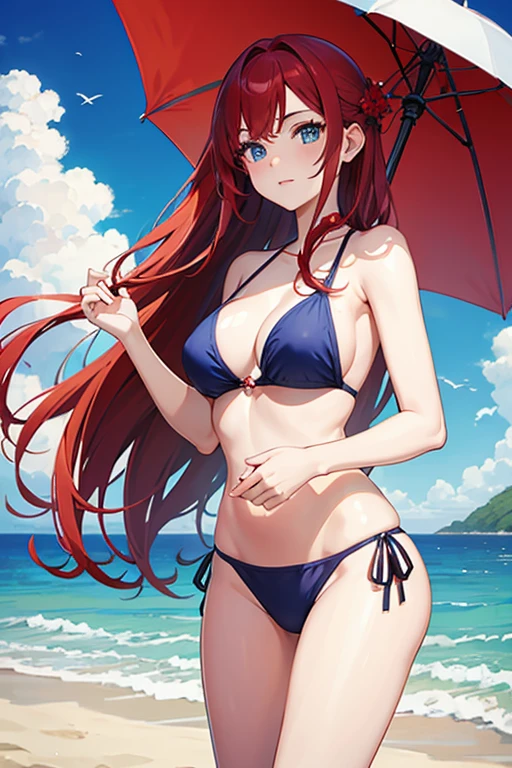 masterpiece, highest quality, High resolution,Anime Style、Red hair、Long Hair、blue eyes、Swimwear、beach、Beach parasol