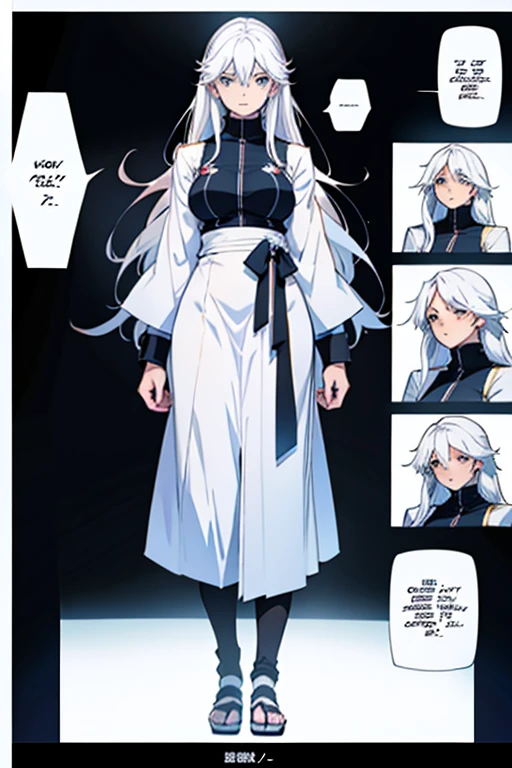 Girl with long white hair, surprised, full body shots, manga page with panels and dialogue 
