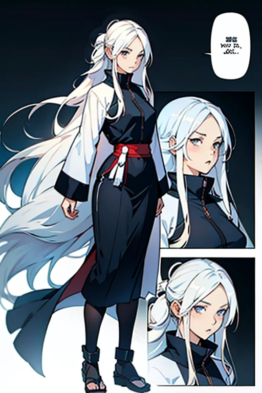 Girl with long white hair, surprised, full body shots, manga page with panels and dialogue