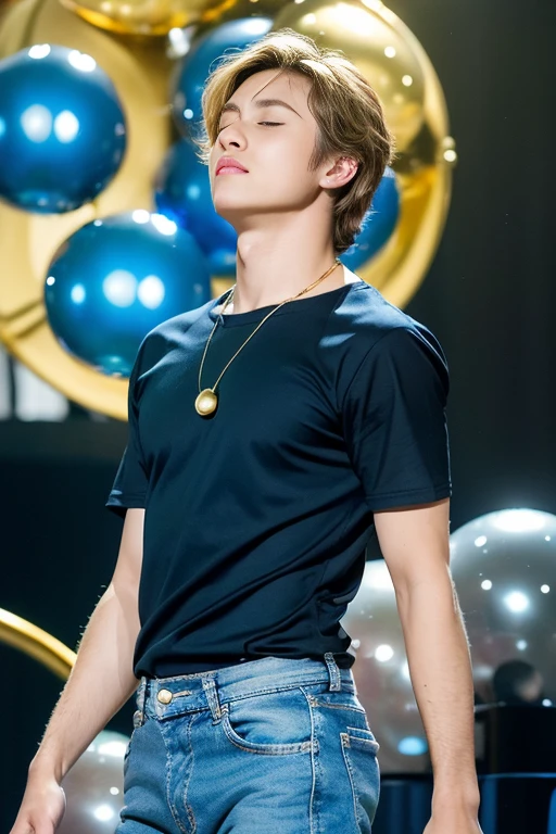 、(Photorealsitic:1.4), long shot ,((Bright blue shiny glass balls with black most inside)) surrounds a boy floating in the air. A boy with eyes closed curly short blonde hair. Wearing a gold colored armhole T-Shirt and green long Denim baggy jeans. Around his neck is a large gold flat pendant- with small pearls
