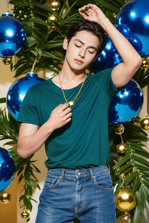 、(Photorealsitic:1.4), long shot ,((Bright blue shiny glass balls with black most inside)) surrounds a boy floating in the air. A boy with eyes closed curly  short blonde hair. Wearing a gold colored armhole T-Shirt and green long Denim baggy jeans. Around his neck is a large gold flat pendant- with small pearls