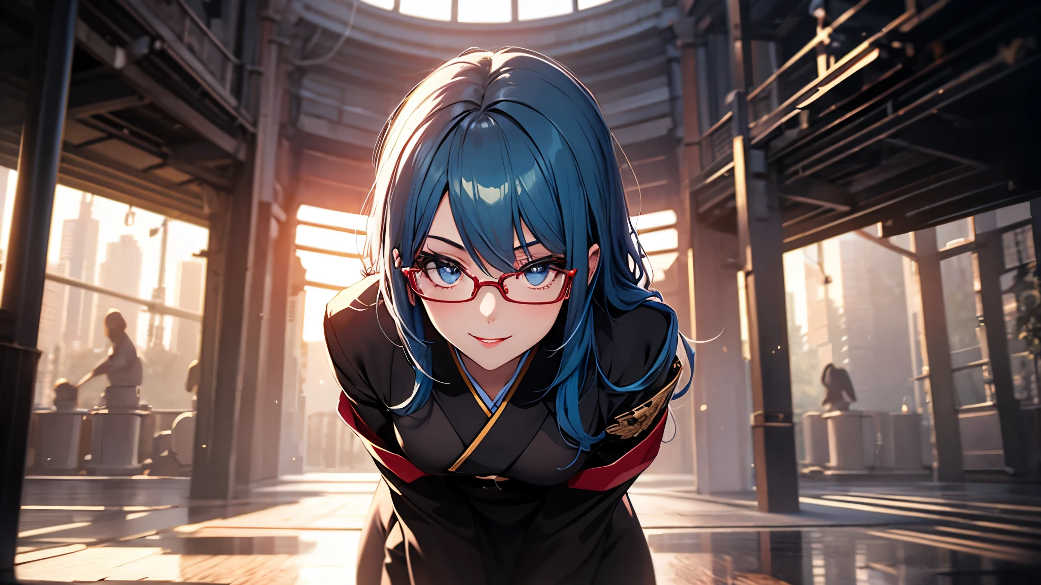 (1girl:1.3), Masterpiece, Best quality, amazing beauty, [[3D]], 4K, absurdres, finely detail, super detailed eye, perfect anatomy, official art, cinematic lighting, BREAK, bamboo thicket, shine, silky wavy hair, parted bang, blue hair, super shiny detailed blue eyes, big eyes, cute eyes, thin eyebrow, Gazing Skyward, full lips, closed-mouth smile, mascara, red lips, red round cell frame glasses, happy face, BREAK , usually, tall, slender, gloss skin, hand on hip, standing, full body, from front, Taken from a distance, Dimly light, BREAK , kimono, wearing tabi., BREAK,(Glasses)