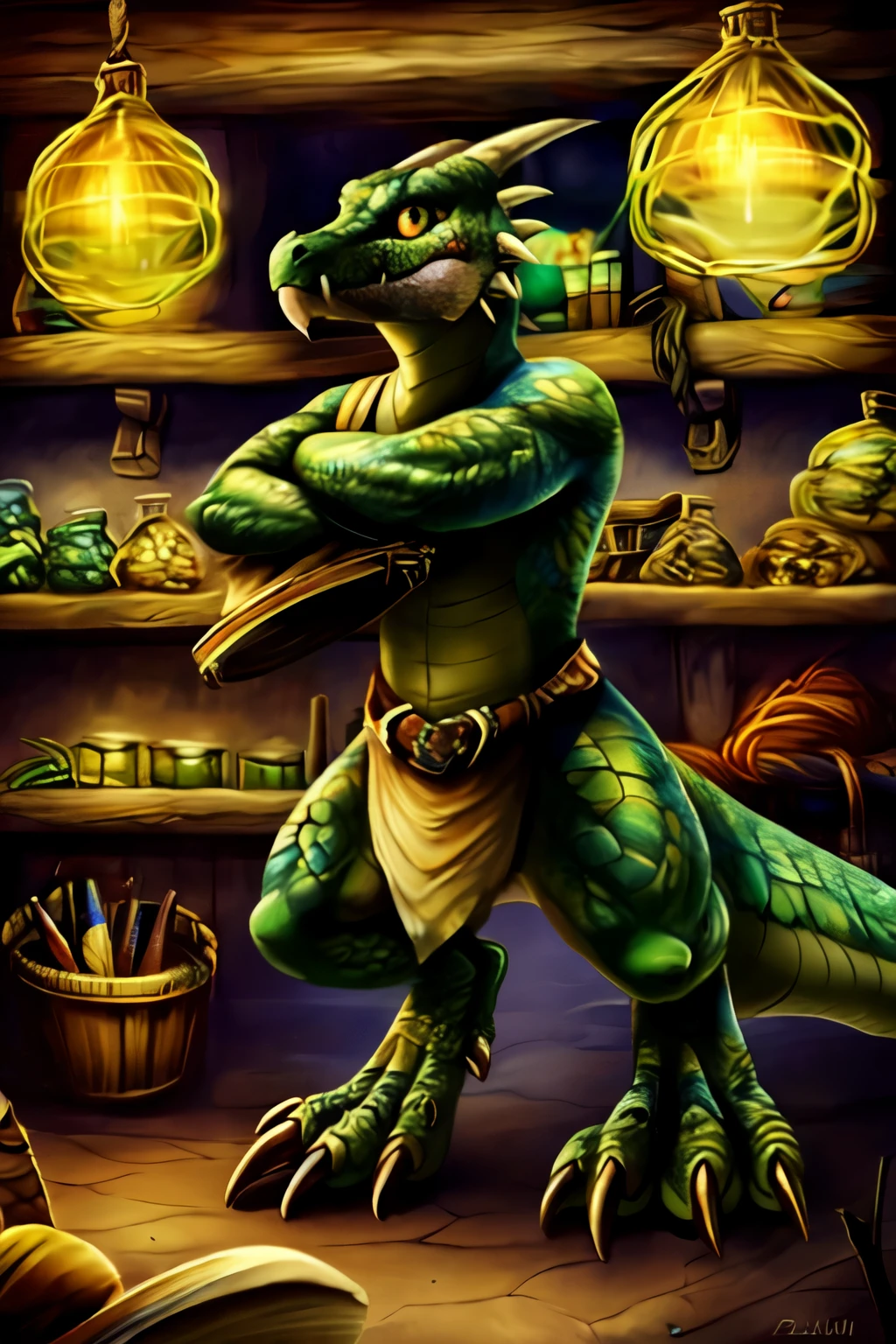 (masterpiece), kobold, male, handsome, masculine, green kobold, green skin, yellow eyes, cheerful, friendly, horns, claws, tail, green scales, fangs, kobold shop keeper, 
detailed background, empty magic shop, cowboy shot