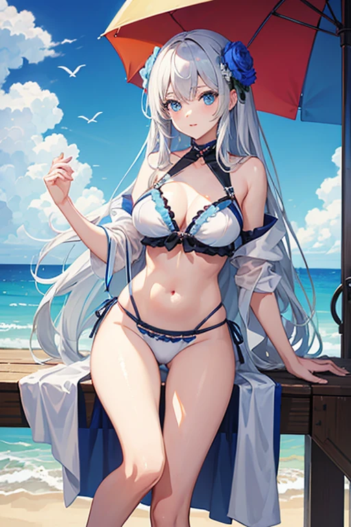masterpiece, highest quality, High resolution,Anime Style、Silver Hair、Long Hair、blue eyes、Swimwear、beach、Beach parasol