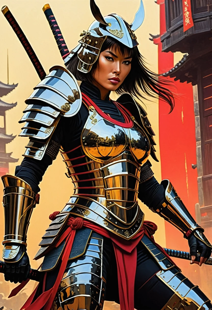masterpiece, best quality, 4k, UHD, rafael Albuquerque comic art, samurai woman with technological armor,
