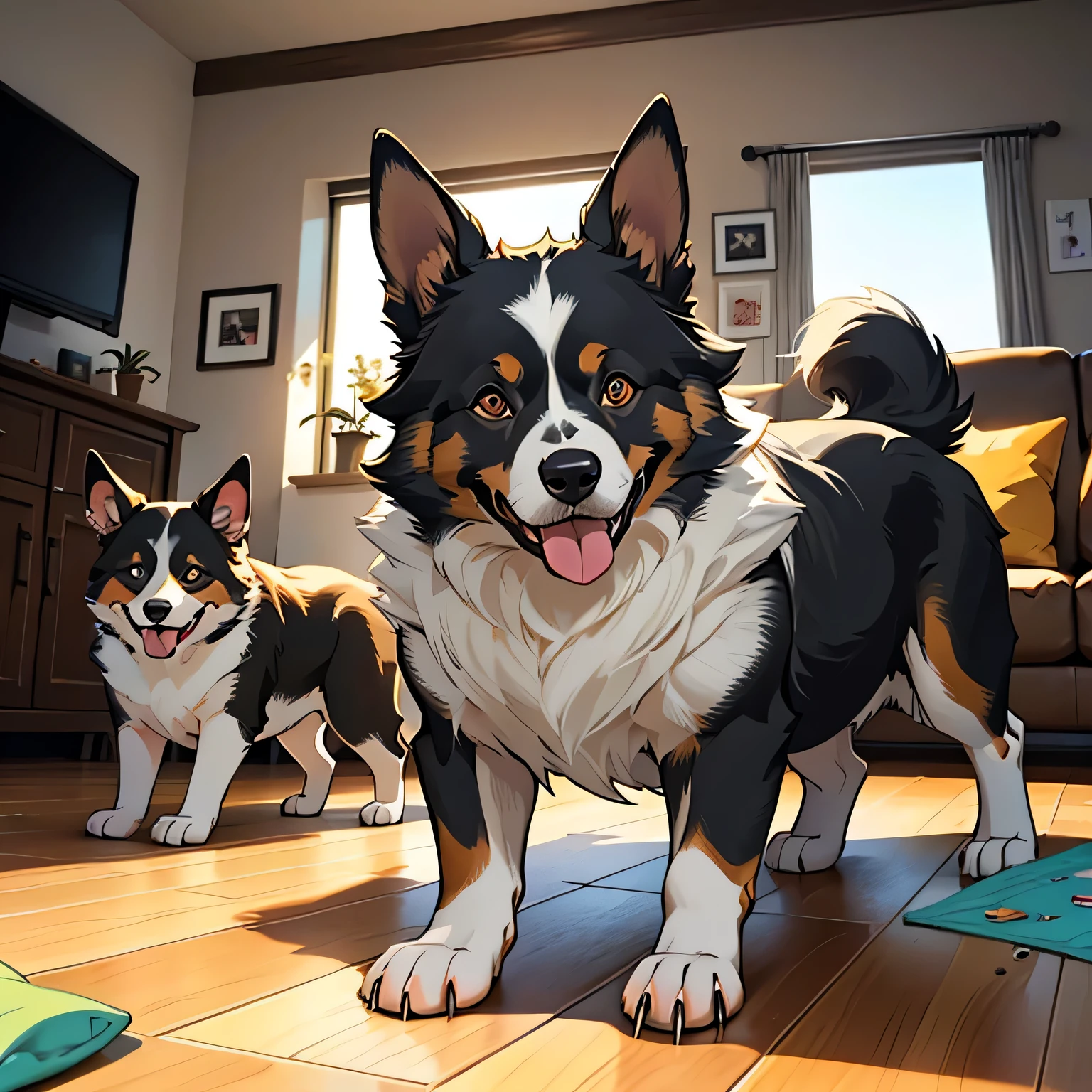 A black and brown Australian Shepherd dog is barking loudly, with ears pricked and mouth open. He is in a living room with a tiled floor and looks at the camera with a fierce expression..
Detalhes adicionais: O cachorro pode estar com a cauda levantada e abanando, and the bristly hair. The living room may be messy, with dog toys scattered on the floor.