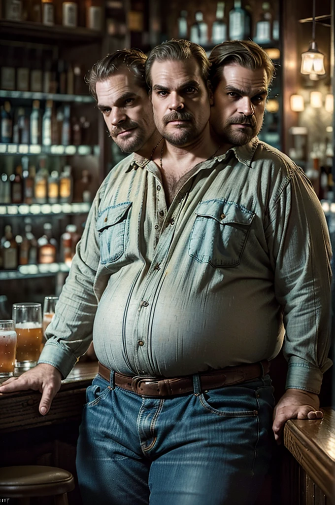 (((2heads))), solo, ((((david harbour)))), middle aged, male, short graying hair, (((obese, overweight, fat, chubby, heavy, dadbod))), ((flannel shirt, jeans, belt)), navel, body hair, dreamy atmosphere, dark cyan and red, i can't believe how beautiful this is, serene atmosphere, epic realistic, hdr, intricate, highly detailed, (depth of field:1.4), faded, (neutral colors:1.2), (hdr:1.4), (muted colors:1.2), hyperdetailed, (artstation:1.4), cinematic, (intricate details:1.1), dark bar scenery, (rutkowski:0.66), (intricate details) (skin texture:1.2), detailed expressions, natural pose, sitting at bar, holding drinks, laughing