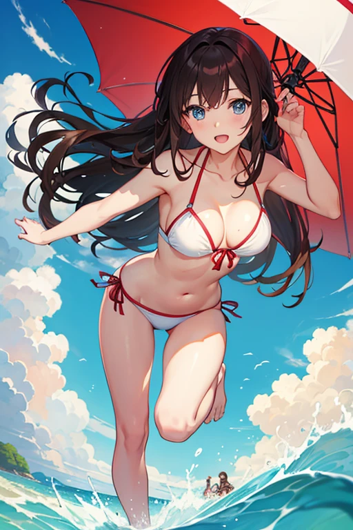 masterpiece, highest quality, High resolution，Anime Style、Brown Hair、Long Hair、blue eyes、Swimwear、beach、Beach parasol