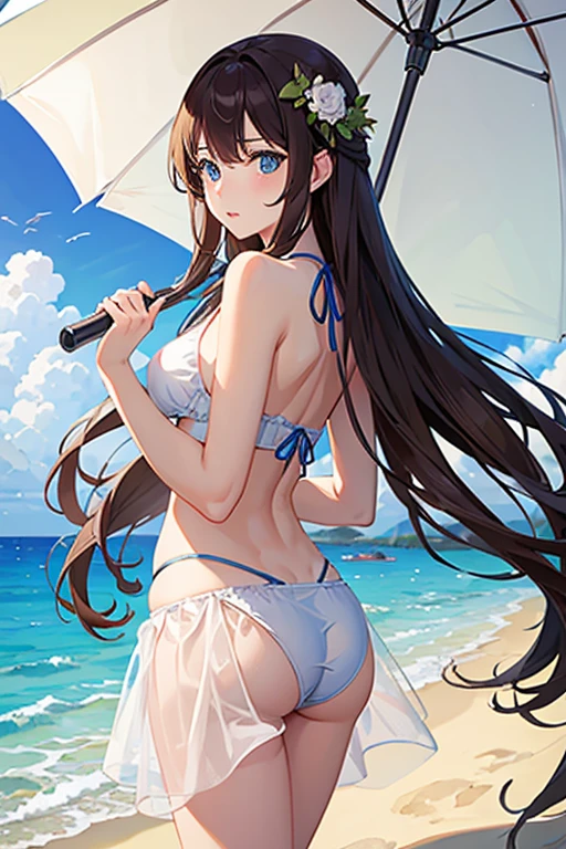 masterpiece, highest quality, High resolution，Anime Style、Brown Hair、Long Hair、blue eyes、Swimwear、beach、Beach parasol