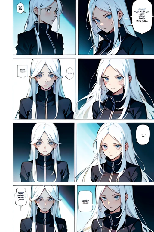 Girl with long white hair, scared, manga page with panels and dialogue 