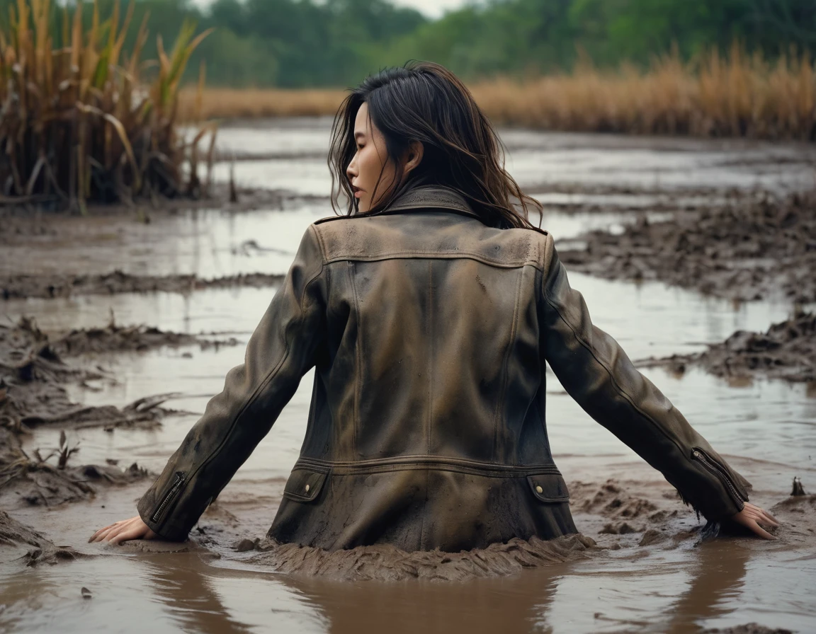 8k, ultra-detailed, grainy film photo, masterpiece, physical-based rendering, ultra-detailed, back view:1.0, vivid, muffled colors, muted light:1.2, faded leather jacket, mature depraved woman drowning in mud swamp, long messy brunette hair, asian, look back, beige, brown,