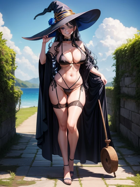 Mature Woman, blue sky, Wavy black hair, blue eyes, wonderful, Lewd smile, Full body scene, Rose gold micro bikini, Witch's Clothes, (Detailed Background: ancient ruins, Beach), Glowing Skin, Detailed face, Fine grain, Perfect Anatomy, Camel, Pussy on display, Swollen groin, Dynamic pose, Approaching perfection, dynamic, Very detailed, (Beautifully detailed face, belos Fine grain), To the viewer, Seductive expressions,