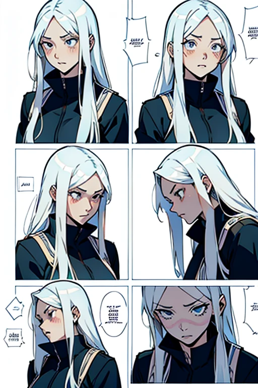 Girl with long white hair, terrified detailed expression, manga page with panels and dialogue