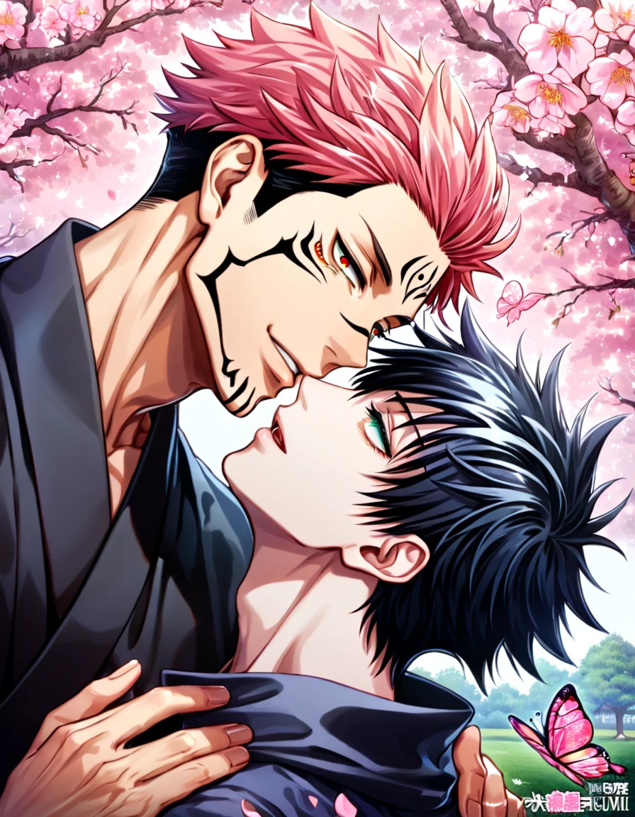 absurdres, highres, ultra detailed, HDR) master piece, best quality, Ryomen Sukuna, pink hair, expressive red eyes, Jujutsu Kaisen, Fushiguro Megumi, black hair, expressive green eyes, white eyelashes, two sexy men together, gay couple, yaoi, handsome, black kimono, white white, black scarf, pink cherry blossoms, pink butterflies, pink glittering background, pink flowers, park
