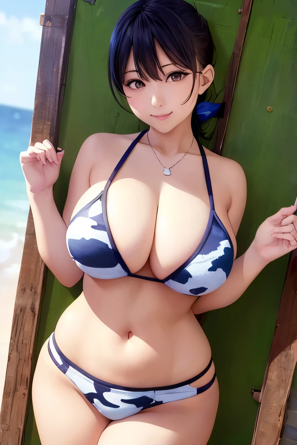 FULL BODYSHOT、an oil painting、masterpiece、top-quality、hight resolution、flaxen hairs、Cheerful woman、a smile、Camouflage pattern tank top、Black Hot Pants、Sweaty skin、shores、Looks fun at the seaside、blue-sky、lightly dressed、large full breasts、bobhair、butterflys々Necklace, (((gigantic
braests))),Tight abdomen、Accurate finger drawing、