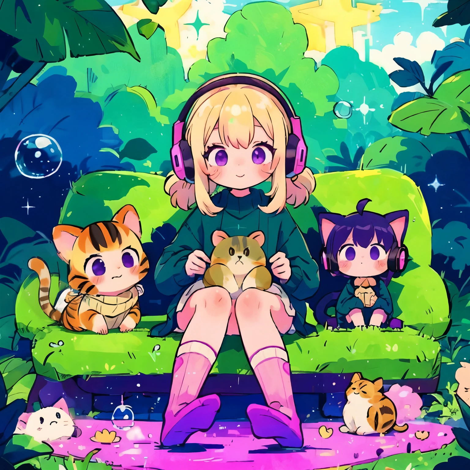 Monkey Girl, alone, Fluffy clothes, sweater, sleeve, socks, slipper, pastel colour, (purple, green, pink, yellow), comfortable, dream-like, Stickers, bubble, Sparkling, shine, Headphones, The most beautiful girl of all time, Little, Colorful cat hair