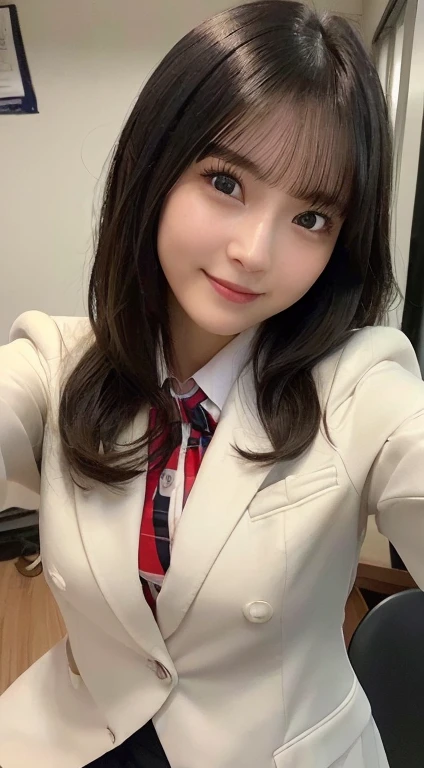 ((8K,Raw photography, top-quality, masterpiece),high definition RAW color photos professional close-up photos,(realisitic,photorealisim:1.37),(top-quality),(Best Shadows), ((up of face)),((directly in front)),A ????, high resolution, high-definition CG unified 8K wallpapers, physically-based renderingt, Cinematographic lighting),a 22 year old girl, (blazer, high-school uniform:1.2),High School Classroom, beautiful finely detailed eyes, Light on the Face, ((up of face:1.2)), especially strong light, (Kamimei,ignore:1.2), glowy skin, ((A dark-haired,bobhair:1.2)), (The Flash:1.2), ????, (Idol),((smile:1.2)),face perfect, kawaii faces,(selfie:1.2), long sleeve,