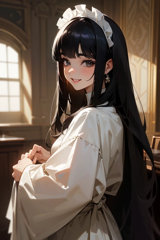 (Highest Resolution, clear_image) highest quality, Single person, One woman, alone, masterpiece, Very detailed, Semi-realistic, Black Hairのショートヘア, Black Hair, bangs, 18-year-old, mature, Wedding dress、Indoor Background, kind, Authoritative, Powerful, exquisite features, exquisite features、Eyelashes become longer、Showing teeth、smile😀、Maid clothes、woman&#39;Fingers in the、Sleeping on the sofa、Long Hair、Fluttering in the wind、