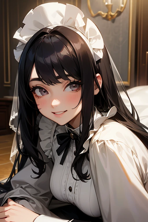 (Highest Resolution, clear_image) highest quality, Single person, One woman, alone, masterpiece, Very detailed, Semi-realistic, Black Hairのショートヘア, Black Hair, bangs, 18-year-old, mature, Wedding dress、Indoor Background, kind, Authoritative, Powerful, exquisite features, exquisite features、Eyelashes become longer、Showing teeth、smile😀、Maid clothes、woman&#39;Fingers in the、Sleeping on the sofa、Long Hair、Fluttering in the wind、