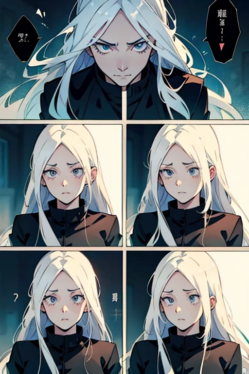 Girl with long white hair, extremely scared, manga page with panels and dialogue 