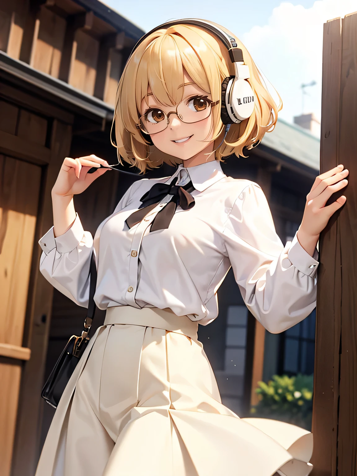 Blonde hair, short, medium hair, brown eyes, white shirt, white skirt, smile, house, standing, big chest, female, woman, girl, lady, fluffy hair, glasses, headphones, afro