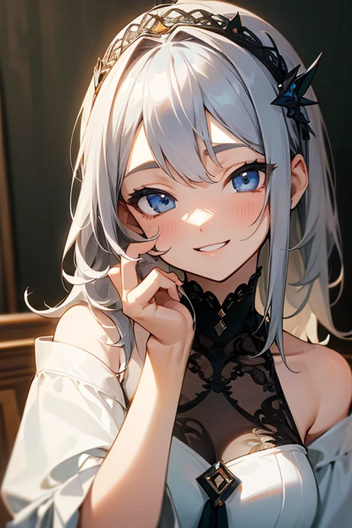 (masterpiece: 1.2, highest quality), (Actual Photos, Intricate details), 1. woman, alone, Upper Body, casual, Shoulder-length hair, Minimal makeup, Natural materials, Face close-up, smile, Home, Gray Hair, blue eyes, Shoulder Bare、優しいsmile、the face remains the same、gorgeous hair accessory、Smiling with teeth showing、Cute pose、