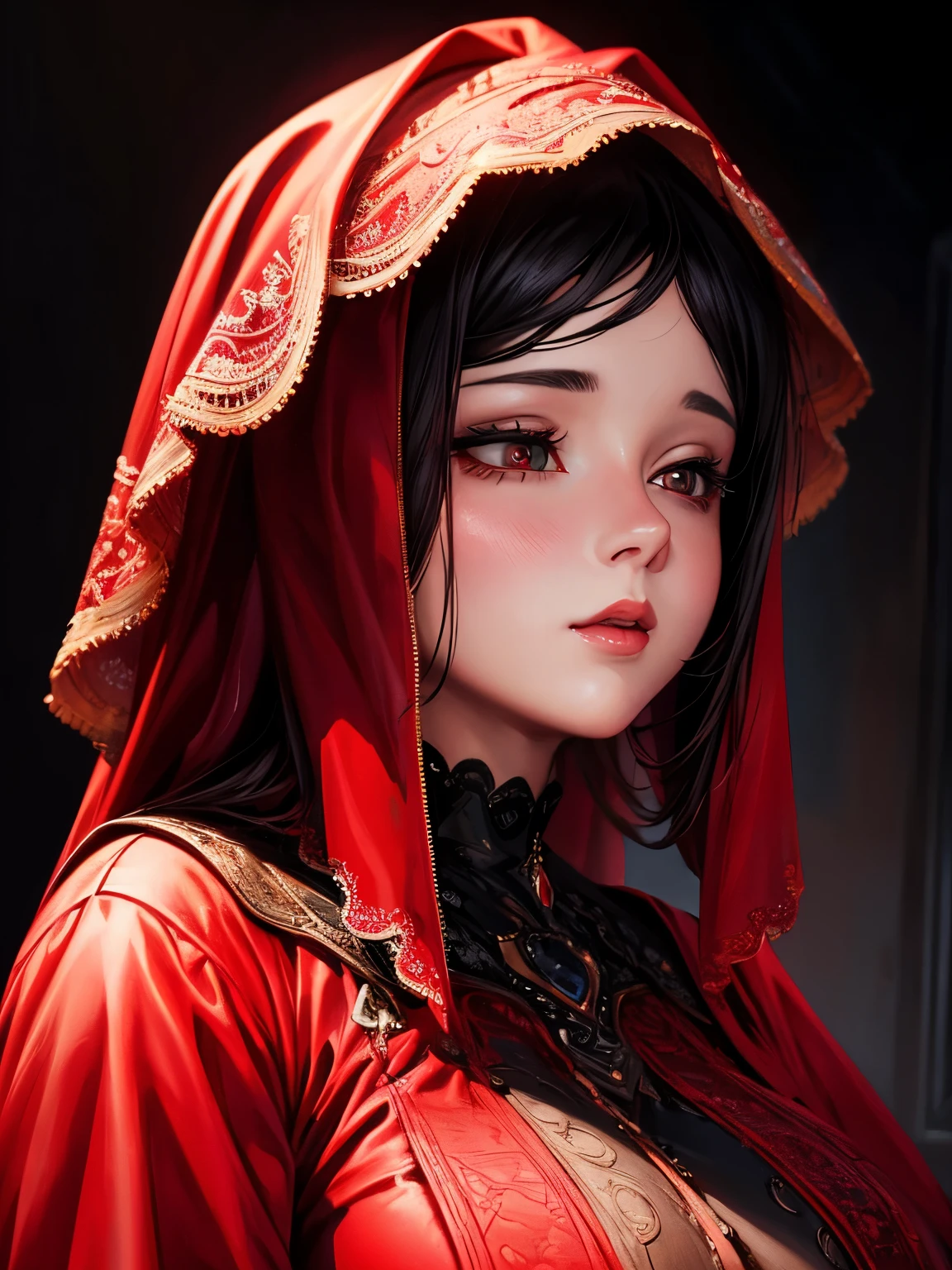 a chubby elegant woman in a red veil covering her eyes, fingers on her lips, long red nails, black background, photo-realistic, high quality, intricate details, oil painting, dramatic lighting, muted colors, mysterious atmosphere