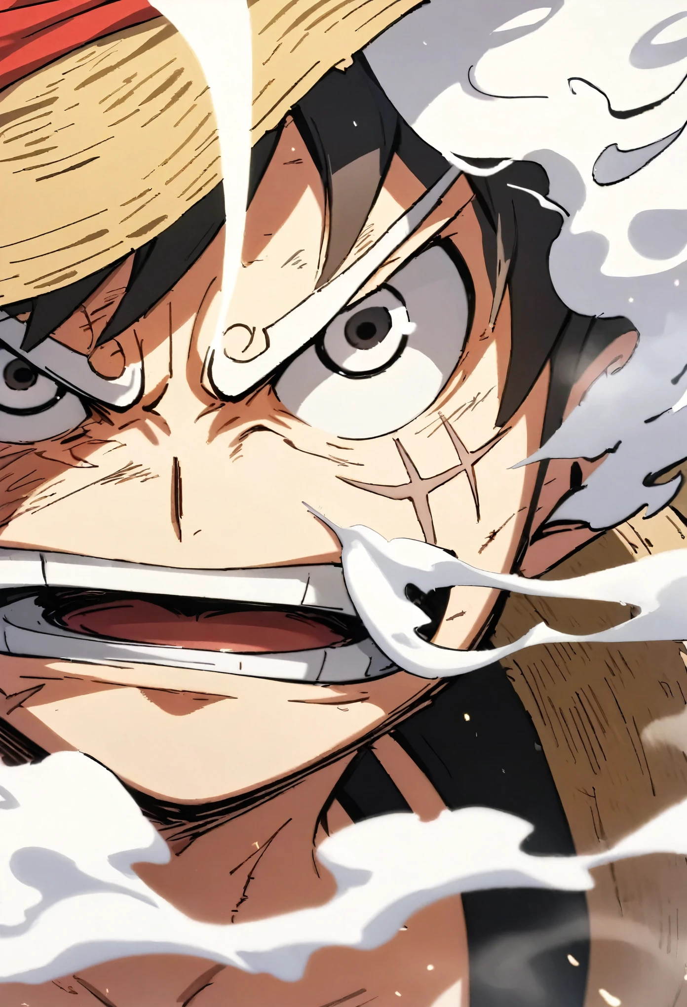 Close-up of a Luffy looking at the viewer, determined and determined face, (expelling white smoke from his mouth), shiny black eyes, straw hat on his head, short black hair covering his forehead, (mouth open from effort), old scar on cheek, red and shiny skin, phase 2, slight smoke coming out of his skin,