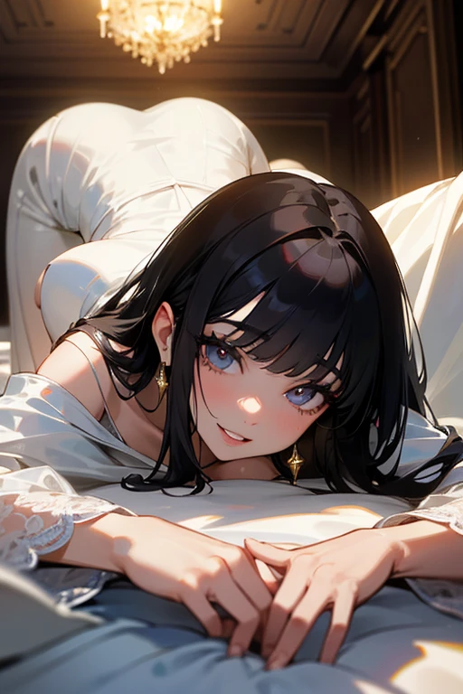 (Highest Resolution, clear_image) highest quality, Single person, One woman, alone, masterpiece, Very detailed, Semi-realistic, Black Hairのショートヘア, Black Hair, bangs, 18-year-old, mature, Wedding dress、Indoor Background, kind, Authoritative, Powerful, exquisite features, exquisite features、Eyelashes become longer、Showing teeth、woman&#39;Fingers in the、Sleeping on the sofa、Long Hair、Fluttering in the wind、