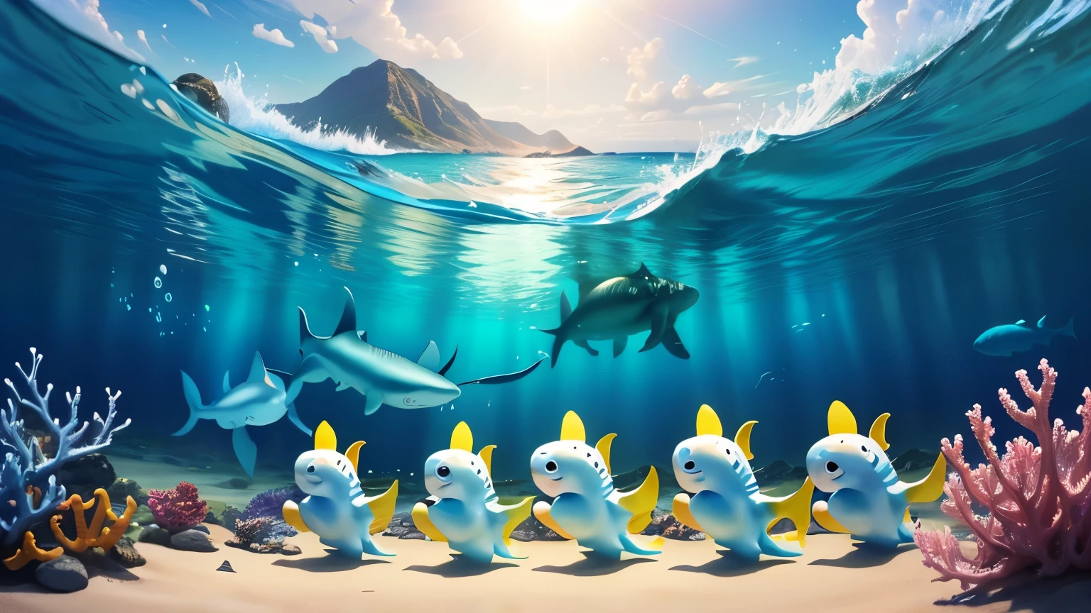Show a lively group of baby sharks, with one baby shark leading the fun, inviting other sea creatures to join in.
