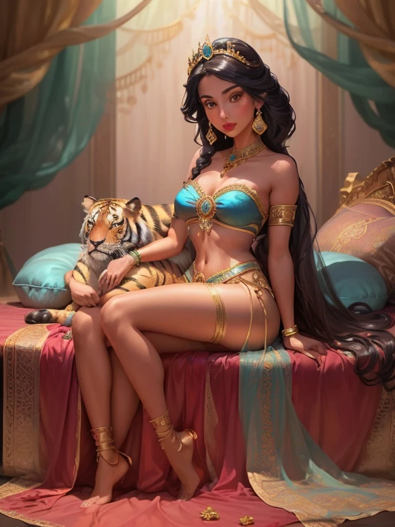 (((1girl))), (((23years))), ((full body shot)), Jasmine on a silk bed cuddling a big tiger, Arabian, diadem with blue gem, jewelry, bracelets on arms, anklets on legs, colorful silks, Arabian setting, flowers, looking at viewer, ((highly detailed)), (((masterpiece))) Hyacinth