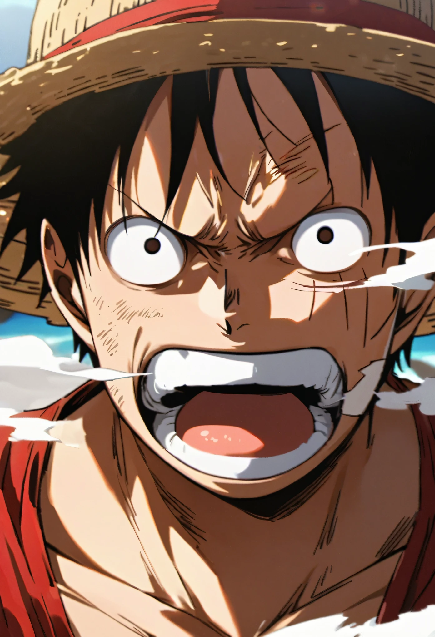 Close-up of a Luffy looking at the viewer, determined and determined face, (expelling white smoke from his mouth), shiny black eyes, straw hat on his head, short black hair covering his forehead, (mouth open from effort), old scar on cheek, red and shiny skin, phase 2, slight smoke coming out of his skin,