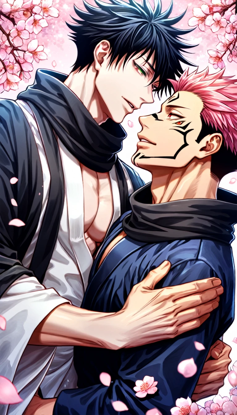 absurdres, highres, ultra detailed, HDR) master piece, best quality, Ryomen Sukuna, pink hair, expressive red eyes, Jujutsu Kaisen, Fushiguro Megumi, black hair, expressive green eyes, white eyelashes, two sexy men together, gay couple, yaoi, handsome, toned chest, black kimono, white kimono, patterns, black scarf, pink cherry blossoms, pink butterflies, pink glittering background, pink flowers, park