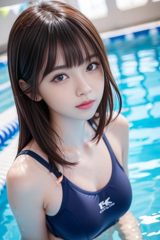 one girl, (a beauty girl, delicate girl:1.3), (:1.3),
break, (Navy blue school swimsuit:1.3),
break, Extremely detailed clarity, (Symmetrical eyes:1.3),
break, (School swimming pool, Outdoor:1.3), 
break, Big Tits Brown Eyes, Parted bangs, Brown Hair,  girl,
break, (Eye and facial details:1.0),
break, (masterpiece, highest quality, Very detailed, Detailed face, 8k)