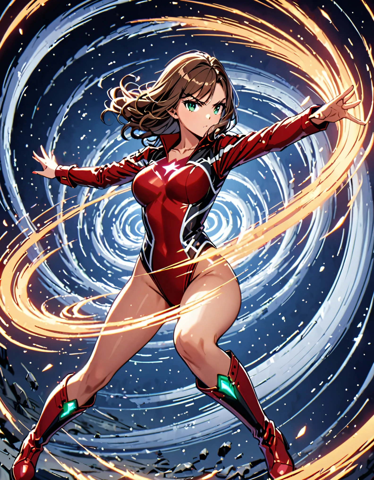 (masterpiece), (best quality), (high res), 1lady, tall body, beautiful detailed eyes, beautiful detailed face, serious, perfect hands, complete fingers, perfect anatomy, perfect proportions, ((brown hair, medium hair)), ((green eyes)), ((leotard, red leotard, matching leotard)), ((white dress collar, open collar)), ((bare legs)), ((boots, matching boots, ankle-high boots, red boots)), breasts, medium breasts, (full body portrait), looking at viewer, (solo, solo focus), cowboy shot, space backdrop, ((yellow V (symbol) on chest)), ((red leather jacket, open jacket)), full body costume design. (legs straight). (she spins) at an (incredible speed), creating a whirlwind of air around her. curved sword smash. ((she spins)) into a ((tornado)), raised arms, ((spiral lines, spinning energy pulse around her)). Curved Sword Slash.