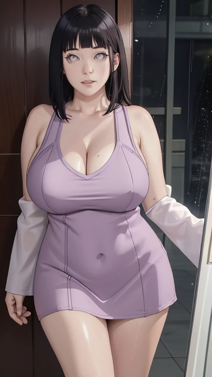 Chubby, Curve, thick, Made, absurderes, Hinata\(Boruto\), 1girll, Solo,Mature female, view the viewer,Perfectcomposition, Detailed lips, big breast, Beautiful face, body chubby, Blush, (white lips), Long hair, Purple eyes, Soft gaze, angry smile, Super realistic, Detailed, photoshoot, Realistick faces and bodies,(perspire,Sweat a lot,Blushlush,Be red in the face,Blushlush),(Bigboobs),japanese house,Stand at the door,natta,raining day, ((short dress)), ((cleavage)), sideboob, dark hair, sleeveless, thighs, full body