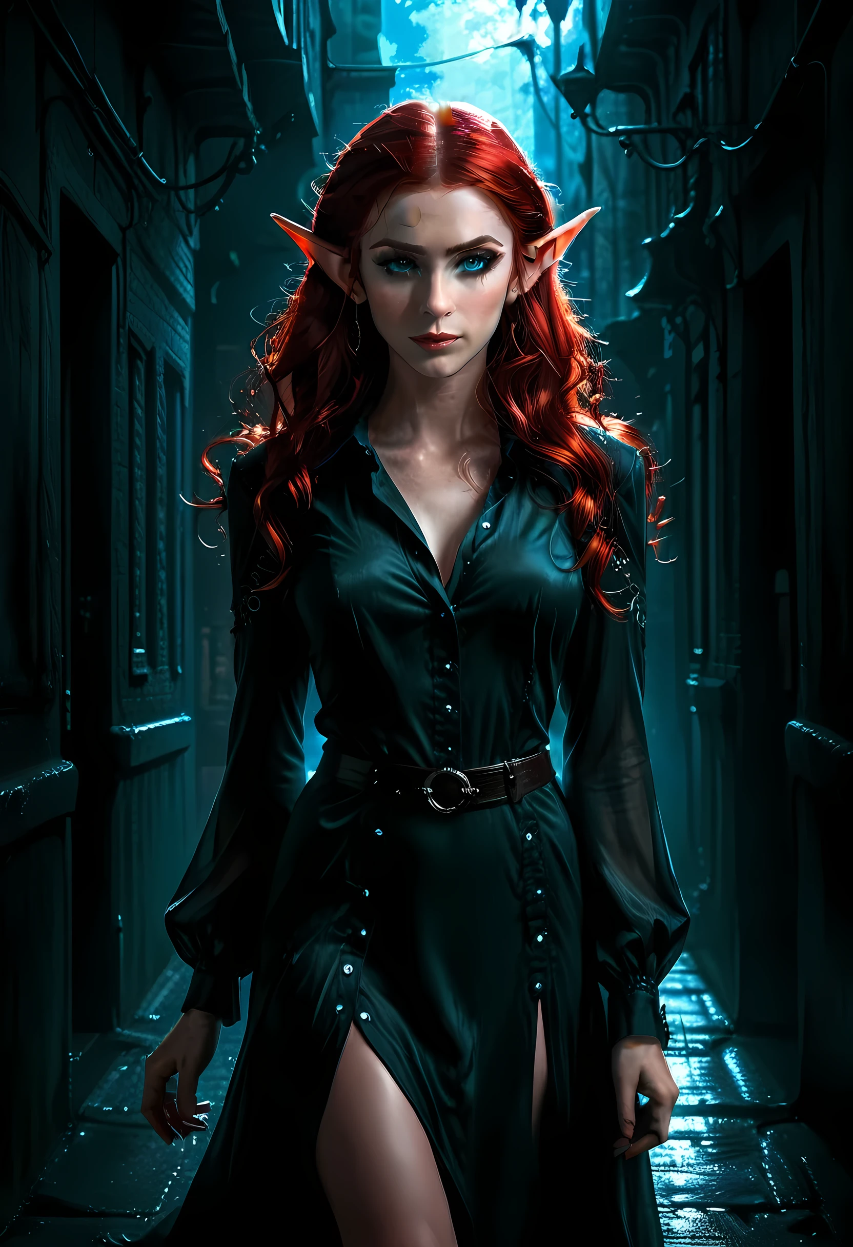 high details, best quality, 16k, [ultra detailed], masterpiece, best quality, (extremely detailed), full body, ultra wide shot, photorealistic, fantasy ???? art, a beautiful female ((elf: 1.4)), mysterious. dark noir film, glam photoshoot, she has (red: 1.) hair, long hair, (blue: 1.4) eyes, small pointed ears. she wears white buttons shirt, dynamic color dress, dark alley in an modern urban setting, she is has magical aura, high details, best quality, highres, ultra wide angle, Into Darkness, AlchemyPunkAI