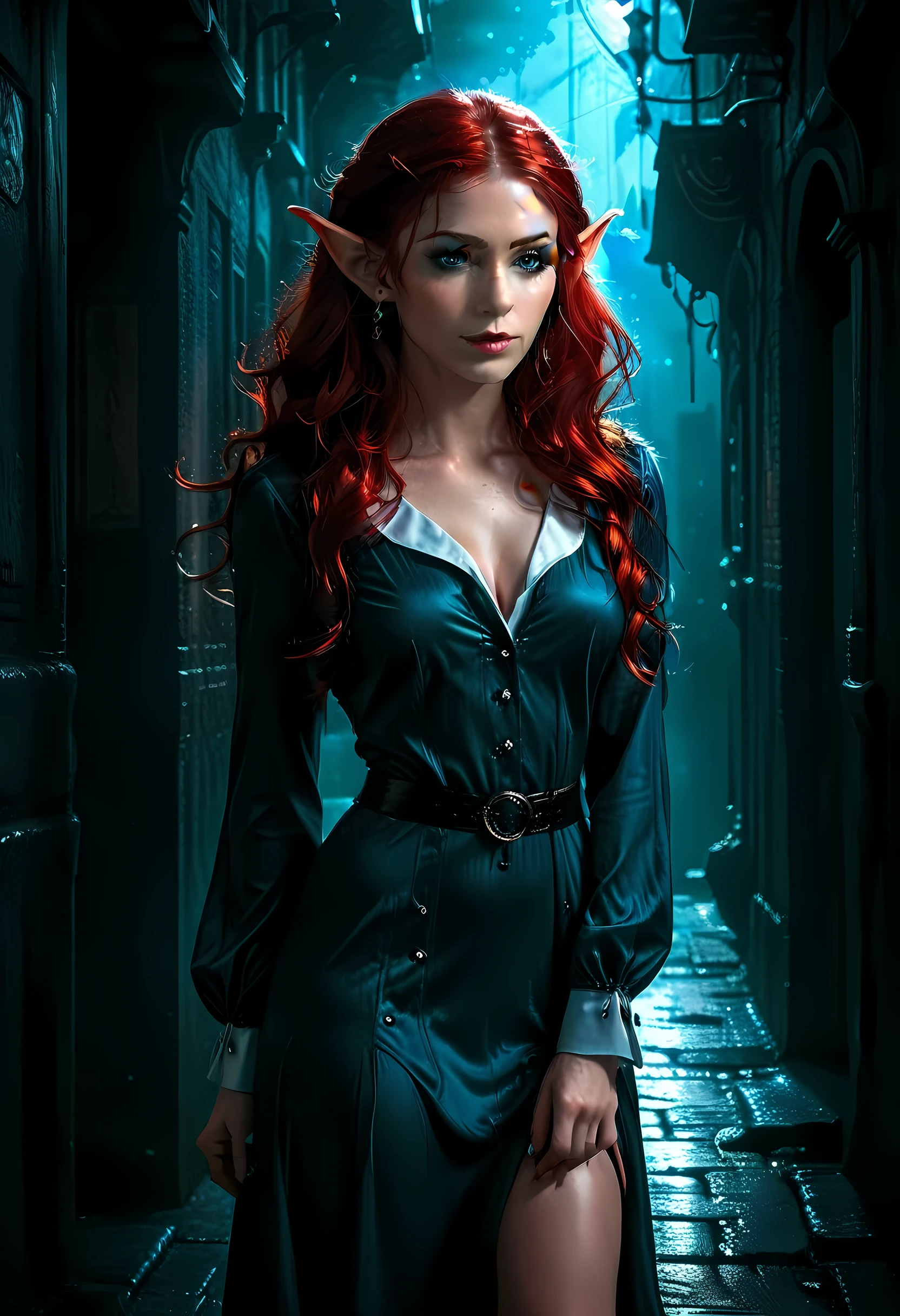 high details, best quality, 16k, [ultra detailed], masterpiece, best quality, (extremely detailed), full body, ultra wide shot, photorealistic, fantasy noir art, a beautiful female ((elf: 1.4)), mysterious. dark noir film, glam photoshoot, she has (red: 1.) hair, long hair, (blue: 1.4) eyes, small pointed ears. she wears white buttons shirt, dynamic color dress, dark alley in an modern urban setting, she is has magical aura, high details, best quality, highres, ultra wide angle, Into Darkness, AlchemyPunkAI