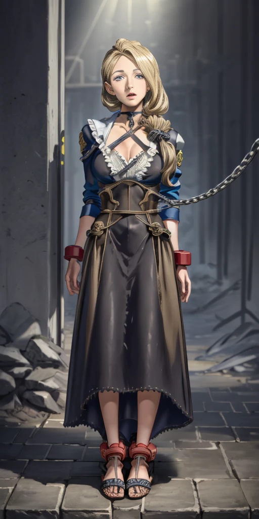 (masterpiece, best quality), intricate details, 1girl, Cammy White from Street Fighter (standing full body toe to head by wooden pole:1.2) iron collar, arms behind back, iron cuffs, shackles, bound, bondage outfit, harness, o-ring, bondage outfit blindfolded cover eyes, happy red cheeks, chain leash collar choker neck bell shackles wristbands bracers bracelets, cleave gag