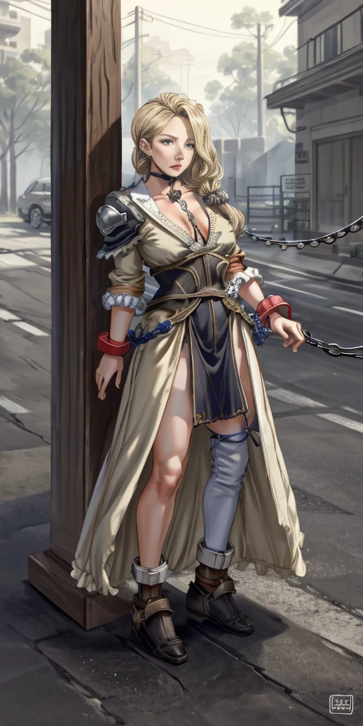 (masterpiece, best quality), intricate details, 1girl, Cammy White from Street Fighter (standing full body toe to head by wooden pole:1.2) iron collar, arms behind back, iron cuffs, shackles, bound, bondage outfit, harness, o-ring, bondage outfit blindfolded cover eyes, happy red cheeks, chain leash collar choker neck bell shackles wristbands bracers bracelets, cleave gag